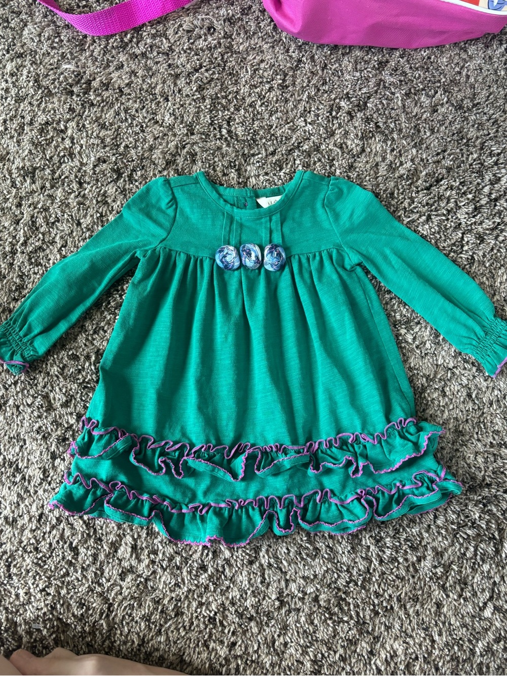 Matilda Jane Emerald Green Ruffle Long Sleeve Dress with Purple Trim 12 month